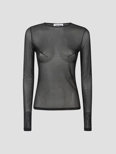 Jean Paul Gaultier Embroidered Mesh Crewneck Long Sleeve Top In Black