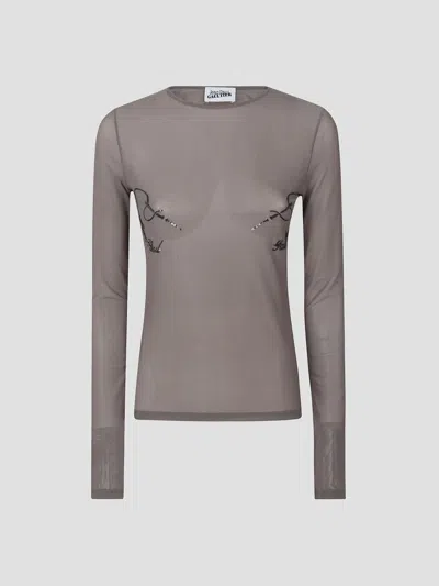 Jean Paul Gaultier Embroidered Mesh Crewneck Long Sleeve Top In Gray