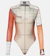 Jean Paul Gaultier Twisted Body-print Mesh Long-sleeve Bodysuit In White