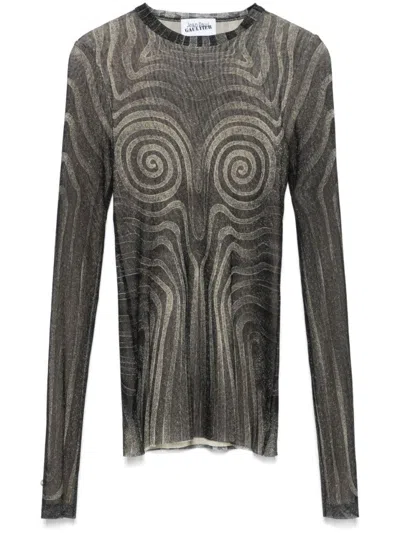 JEAN PAUL GAULTIER FITTED BLACK MESH TOP WITH SPIRAL PRINT