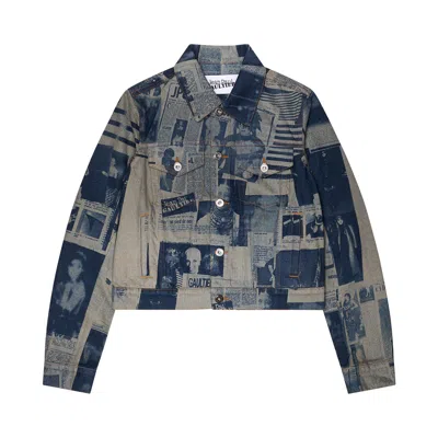 Pre-owned Jean Paul Gaultier Fitted Denim Jacket Newspaper Print 'multicolor' | Multi-color | Women's Size S