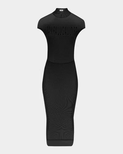 Jean Paul Gaultier Flocked Logo Mesh Cap-sleeve Maxi Dress In Black
