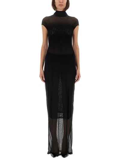 JEAN PAUL GAULTIER JEAN PAUL GAULTIER FLOCKED LOGO MESH MAXI DRESS