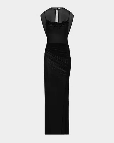 Jean Paul Gaultier Flocked Tattoo Logo Draped Mesh Backless Maxi Dress In Black