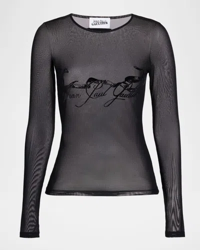 Jean Paul Gaultier Flocked Tattoo Logo Mesh Long-sleeve Top