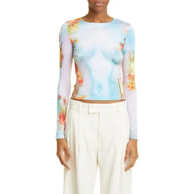 Jean Paul Gaultier Floral Body Print Crop Long Sleeve Top In Blue