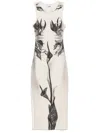 Jean Paul Gaultier Crew Neck Floral Print Midi Dress With Side Slit In White