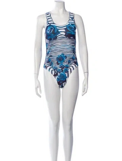 Pre-owned Jean Paul Gaultier Floral Print Scoop Neck Bodysuit In Blue/white