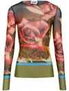 Jean Paul Gaultier Roses Print Mesh Long Sleeve Top In Green