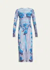 Jean Paul Gaultier Flower Body Morphing Long Sleeve Dress In Whitenavyaqua
