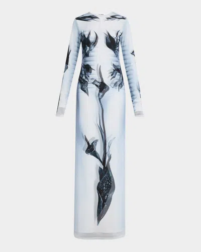 Jean Paul Gaultier Flower Body Morphing Mariniere-print Layered Mesh Maxi Dress In 010200 White/grey/bl