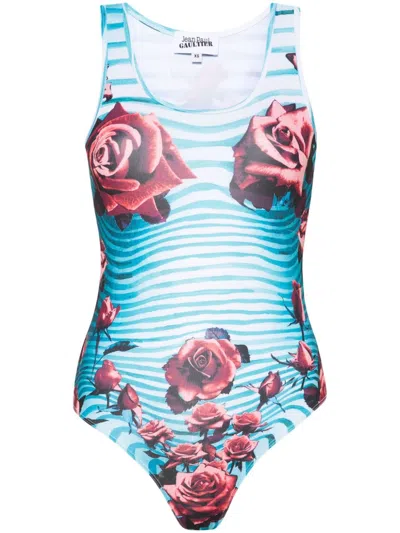 Jean Paul Gaultier Flower Morphing Bodysuit Woman Multicolor In Polyester In Blue Red White