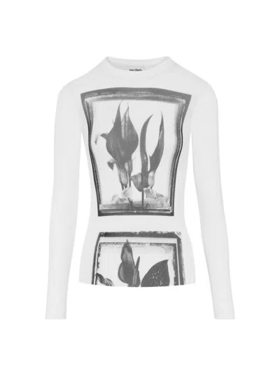 Jean Paul Gaultier Flowers Cadres Mesh Long Sleeve Top White