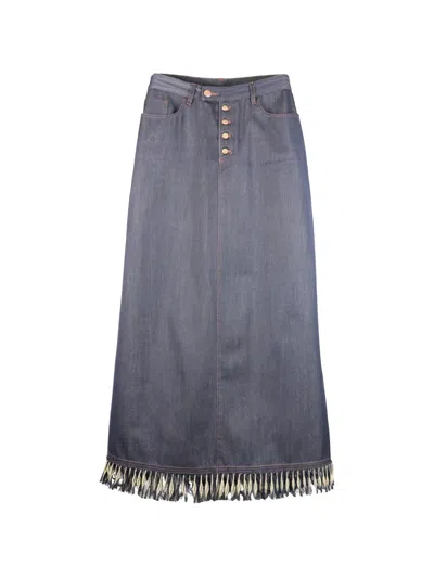 Pre-owned Jean Paul Gaultier Fringed Button-up Maxi Skirt In Blue