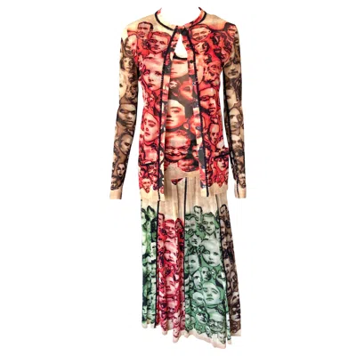 Pre-owned Jean Paul Gaultier F/w 1992 Vintage Faces Mesh Cardigan, Top & Skirt 3 Piece Set In Brown