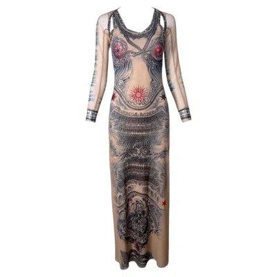 Pre-owned Jean Paul Gaultier Gaultier Ss 1994 'les Tatouages' Mesh Tattoo Maxi Dress And Jacket In Gray