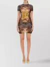 Jean Paul Gaultier Graphic Print Fitted Dress With Sheer Sleeves In Multi