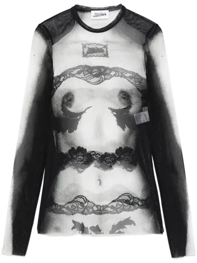 Jean Paul Gaultier Mesh Long Sleeve Top Printed Body Lace Mariniere In Black