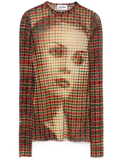 Jean Paul Gaultier Mesh Long Sleeve Top Printed Tartan Face In Multicolor