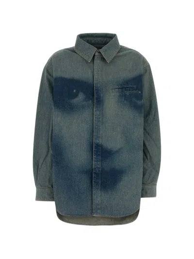 Jean Paul Gaultier Face Print Oversized Denim Shirt In Blue
