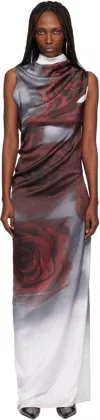 Jean Paul Gaultier Gray & Red 'the Draped Blurry Roses' Maxi Dress