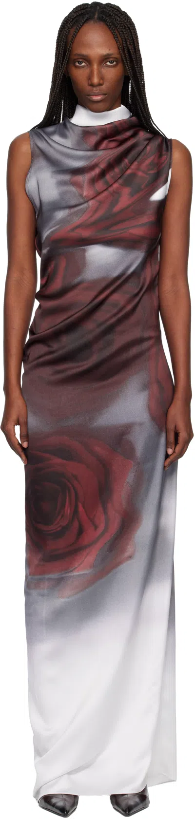 Jean Paul Gaultier Gray & Red 'the Draped Blurry Roses' Maxi Dress