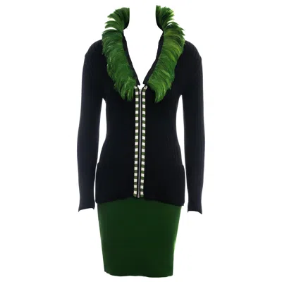 Pre-owned Jean Paul Gaultier Green And Black Knitted Wool Feathered Skirt Suit, Fw 1991