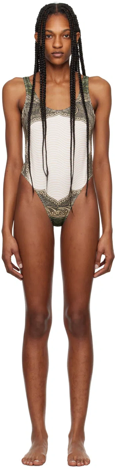 JEAN PAUL GAULTIER GREEN & OFF-WHITE 'THE CARTOUCHE' SWIMSUIT