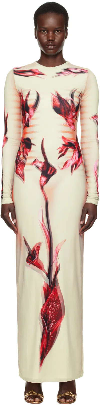 Jean Paul Gaultier Long Dress Flower Body Morphing Pink Floral Slim In White