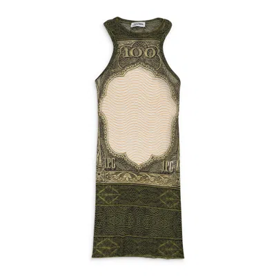 JEAN PAUL GAULTIER GREEN MESH SLEEVELESS "CARTOUCHE" PRINT SHORT DRESS