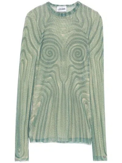 JEAN PAUL GAULTIER GREEN MESH TOP WITH SPIRAL PRINT DESIGN