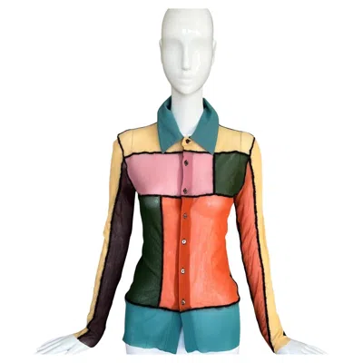 Pre-owned Jean Paul Gaultier Harlequin Colorblock Mondrian Mesh Shirt Blouse Top In Orange