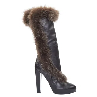 Pre-owned Jean Paul Gaultier Herme 2010 Runway Black Leather Brown Fur Lined Buckled Block Heeled Boots Eu39
