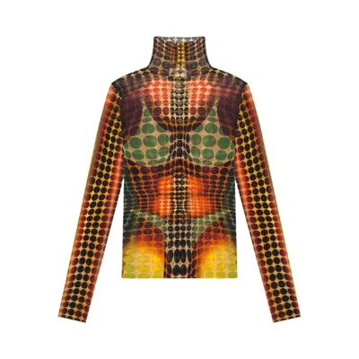 Pre-owned Jean Paul Gaultier High Neck Long-sleeve Top 'orange/blue/brown' | Multi-color | Women's Size S
