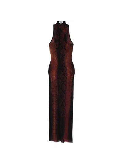 Jean Paul Gaultier High-neck Midi Dress With Snake Print In Silk And Nylon In Brown