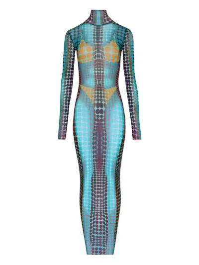 Jean Paul Gaultier High Neck Multicolored Polka Dot Maxi Dress In Blue
