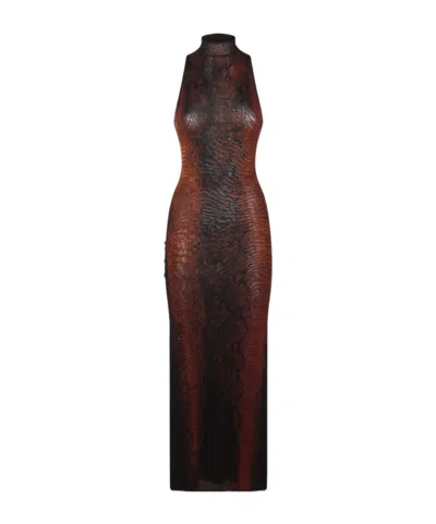 Jean Paul Gaultier High-neck Midi Dress With Snake Print In Silk And Nylon In Brown