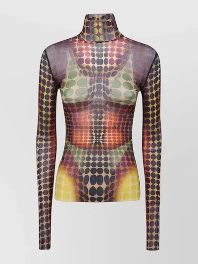 Jean Paul Gaultier High Neck Top Sheer Geometric Pattern In Multi