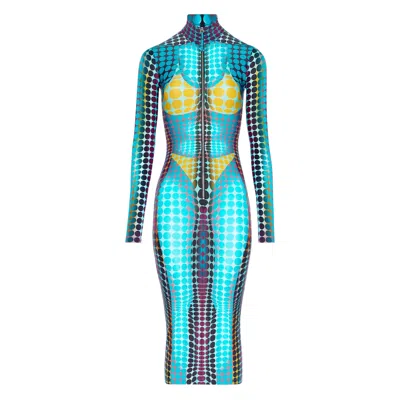 Jean Paul Gaultier High Neck Multicolored Polka Dot Maxi Dress In Blue