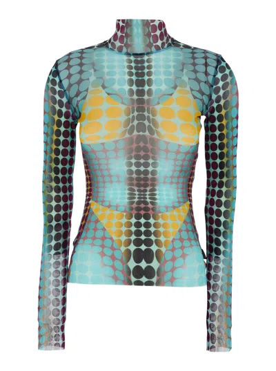 Jean Paul Gaultier High-neck Tech Fabric Top With All-over Print And Long Sleeves In Multi