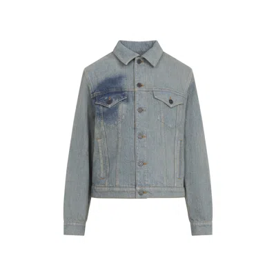 Jean Paul Gaultier Indigo Beige Face Print Denim Jacket In Blue