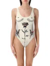 Jean Paul Gaultier Women S “tattoo Roses” Swimsuit Ecru In Ecru Black Red