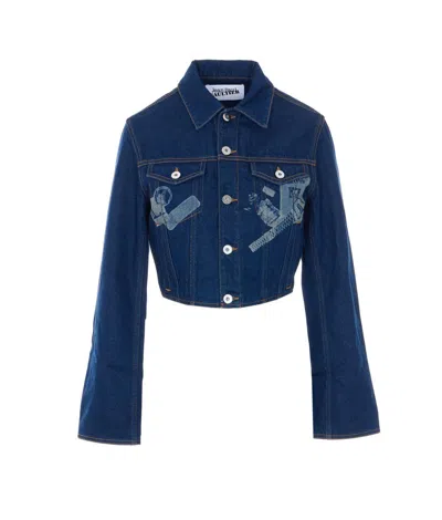 Jean Paul Gaultier Womens Vintage Blue Printed Cropped Denim Jacket
