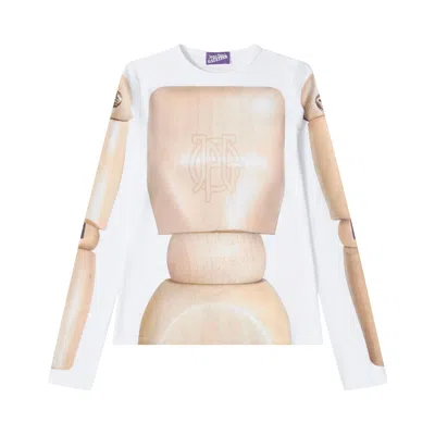 Pre-owned Jean Paul Gaultier Jersey Lycra Long Sleeves Crew Neck Printed "wooden Body" 'beige/white' | Tan | W