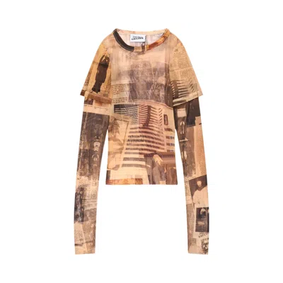 Pre-owned Jean Paul Gaultier Journal Print Mesh Double Sleeve Tee 'multicolor' | Multi-color | Women's Size Xx