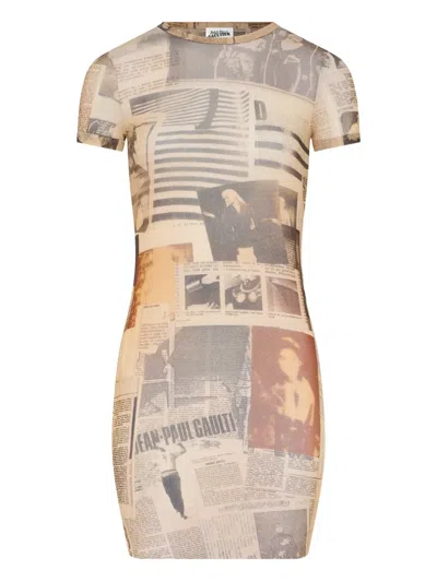 Jean Paul Gaultier Journal-print Mini Dress In Brown