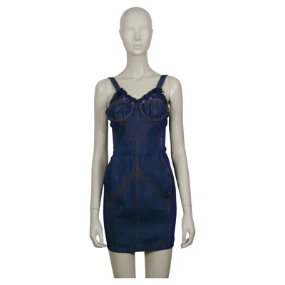 Pre-owned Jean Paul Gaultier Junior Vintage Blue Lace Sheer Panel Bra Mini Denim Dress