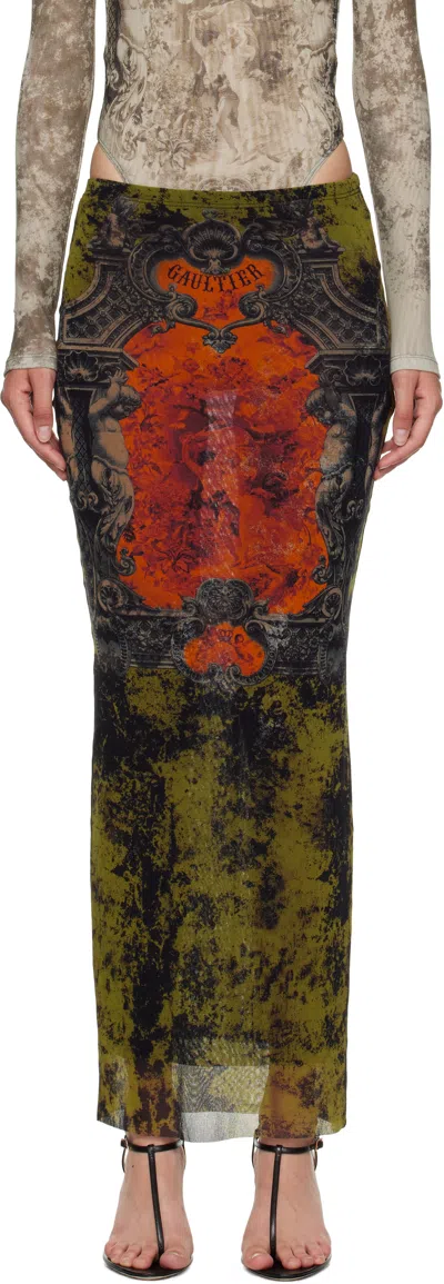Jean Paul Gaultier Khaki & Orange 'the Long Médaillon' Midi Skirt