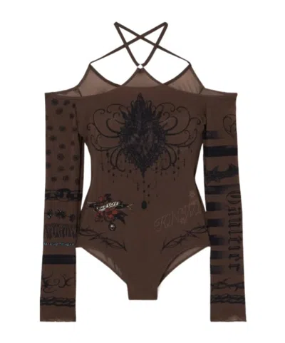 Jean Paul Gaultier Knwls Cold-shoulder Printed Stretch-jersey Bodysuit In Brown