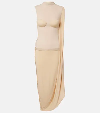 Jean Paul Gaultier Lace-trimmed Semi-sheer Midi Dress In Neutral
